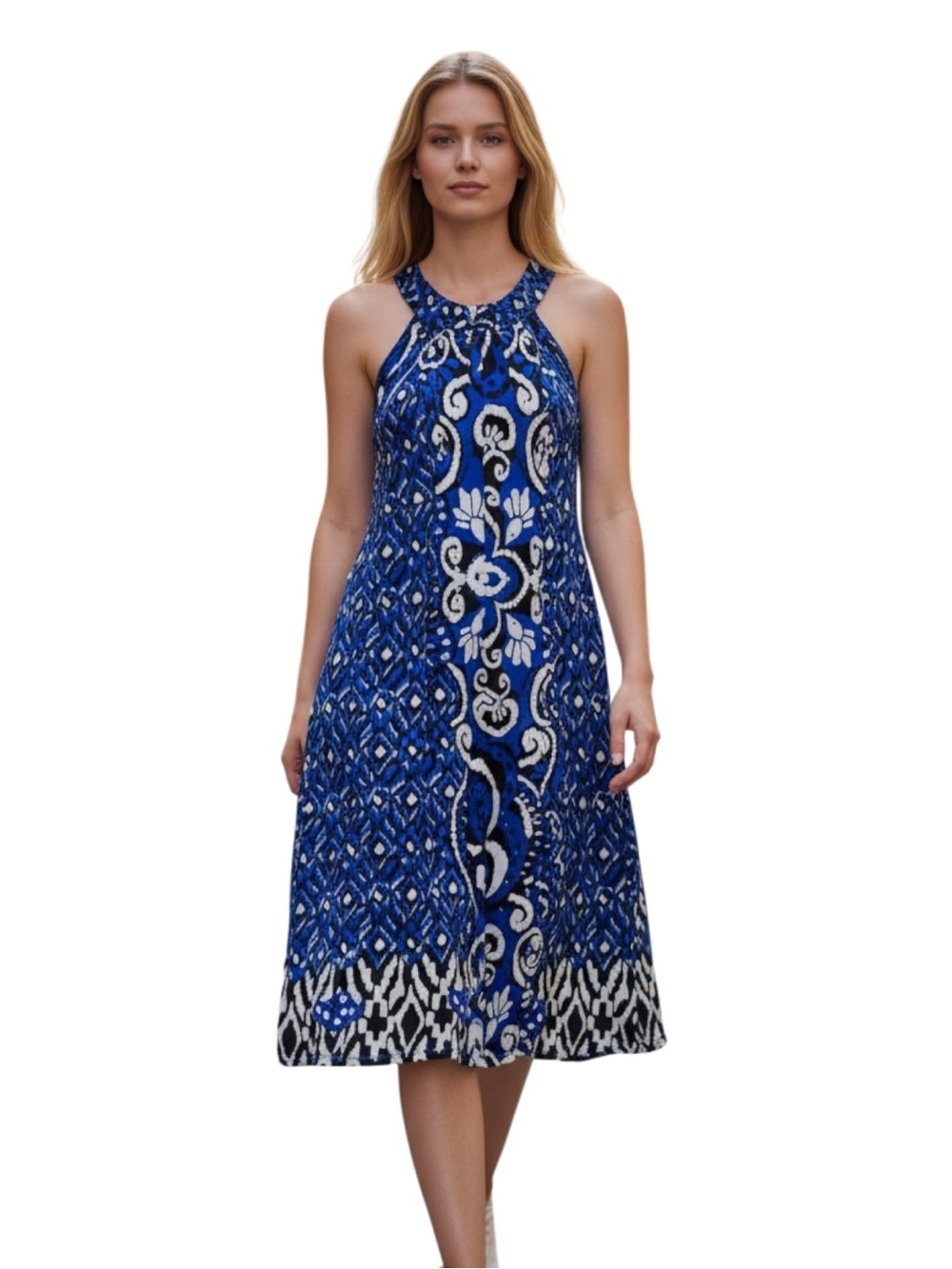 INC International Concepts Blue Patterned Halter Midi Dress with White Accents